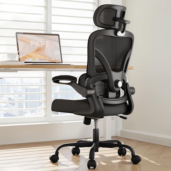 Ergonomic Office Chair with Adjustable Lumbar Support & Headrest, High Back Mesh Chair with Flip-up Armrests for Long Hours, 330 lbs Home Office Desk Chair, Black