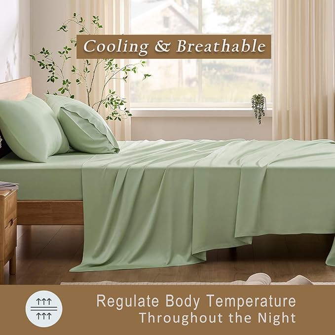 TOSMO Luxury Cooling Sheet Set - 100% Viscose from Bamboo, 4-Piece Bedding Set (King Size) - 18” Extra Deep Pockets, Oeko-Tex Certified, Silky Soft and Breathable, Light Green