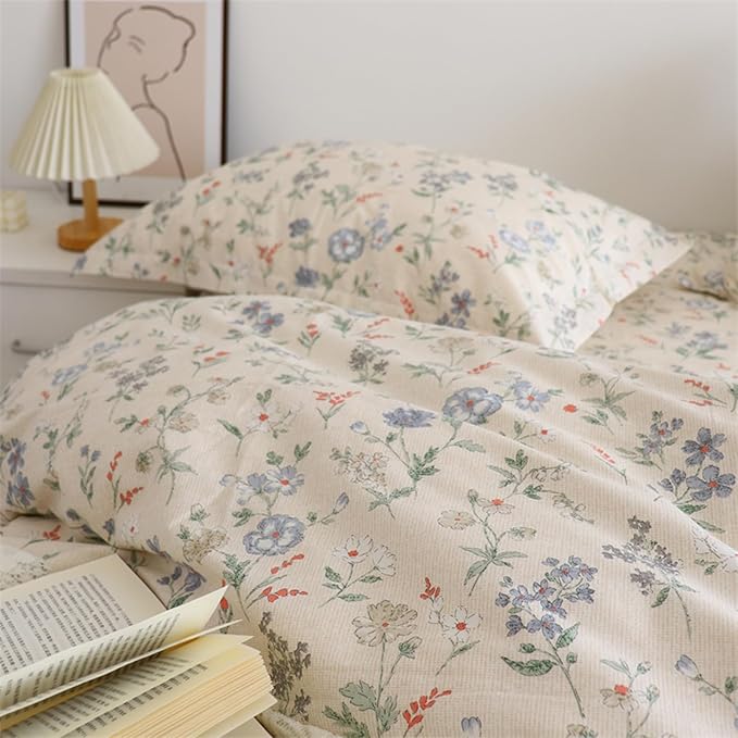 EAVD Cottagecore Floral Comforter Set Queen Size Bed Chic Shabby Floral Print Bedding Comforter Set with 2 Pillowcases Garden Style Reversible Botanical Comforter Set for All-Season