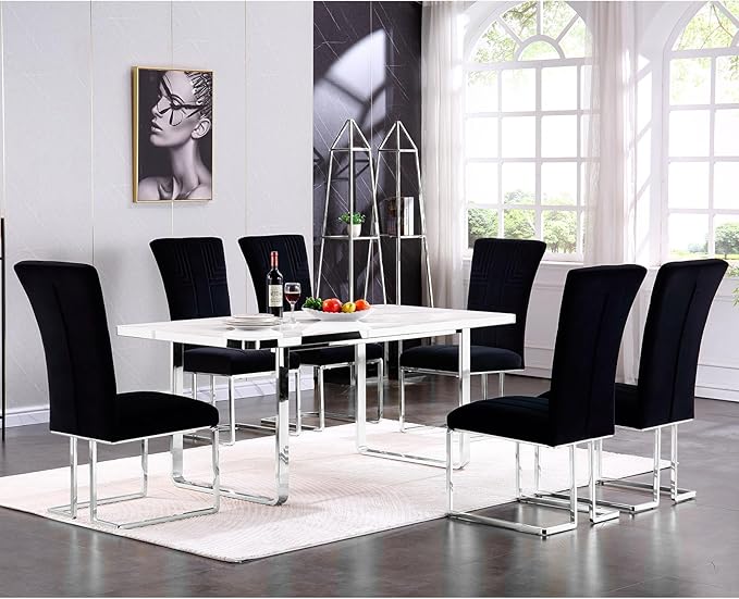AUZ Dining Chairs Set of 10, Black and Silver Dining Chair with Velvet Upholstery and Mirrored Silver Sled Legs