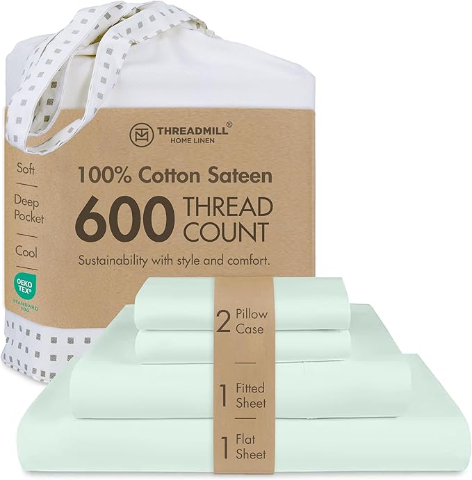 Threadmill Full Size Sheets | 600 Thread Count Bed Sheets Set with 16” Deep Pocket for Full Size Mattress | Sateen Weave 4-Piece Bedding Set with Cooling Effect | Seaglass