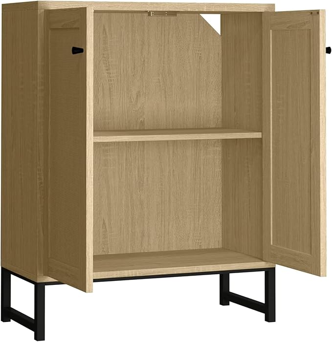 Panana Rattan Decorated 2 Doors Storage Cabinet Accent Cabinet Living Room Cupboard Kitchen Sideboard Buffet Table (Natural)
