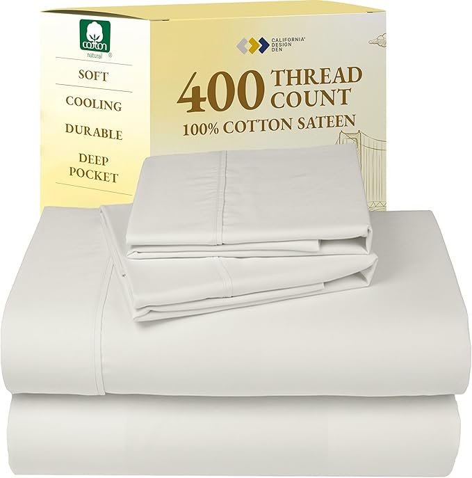 California Design Den King Bed Sheets Set - Soft 400 Thread Count Sateen, Natural 100% Cotton Sheets, Deep Pockets, All Around Elastic for a Snug Fit, Cool & Durable Bedding Set - Ivory (Pale Tone)