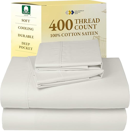California Design Den Natural 100% Cotton Sheets for Queen Size Bed - Soft 400 Thread Count Sateen, Cooling Sheets, Deep Pockets, All Around Elastic, Snug Fit, Durable Bedding Set - Ivory (Pale Tone)
