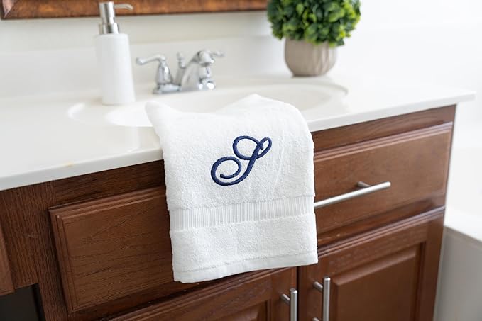 White Monogrammed Hand Towels for Bathroom - Luxury Hotel Quality Personalized Initial Embroidered Towel for Powder Room, Spa - GOTS Organic Certified - Set of 2 Navy Letter S