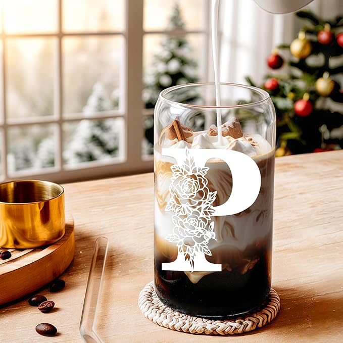 DWTS DANWEITESI Birthday Gifts for Women: Initial Glass Cup as Office Graduation Memorial Holiday Personalized Gifts - for Husband Aunt Uncle Teen Boy Employee Coworkers Him and Her - P Aesthetic Cup