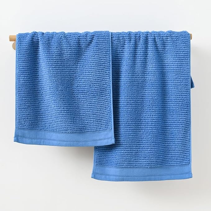 YiLUOMO 100% Cotton Blue Hand Towel Set of 2 Ribbed Striped Pattern Soft Absorbent Decorative Towel for Bathroom 13 x 29 Inch