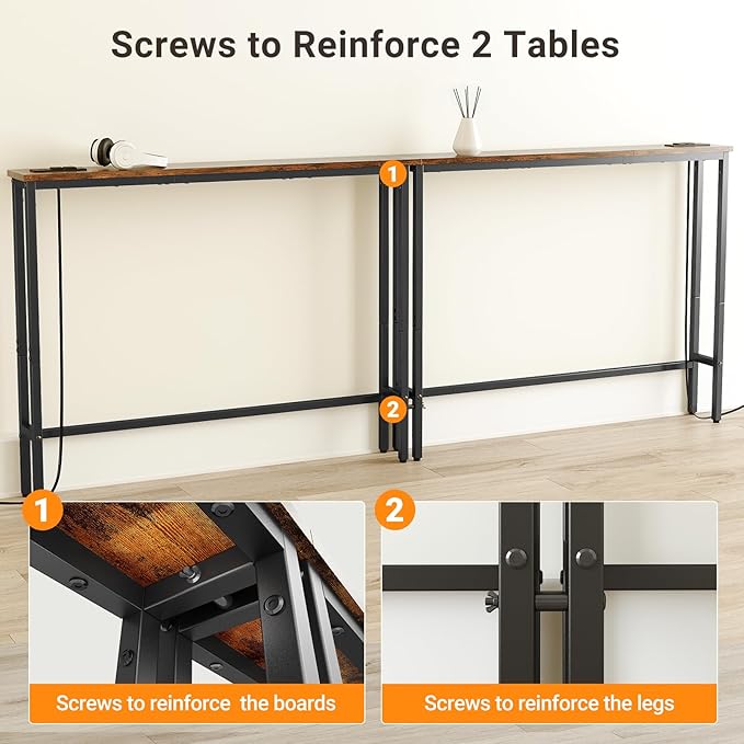 ELYKEN 5.9" Narrow Console Sofa Table with Power Outlets, Total 39.4” Long Behind Couch Table with Charge Station and 5.9’ Extension Cord for Living Room, 5.9" D x 39.4”W x 29.5”H, Rustic Brown