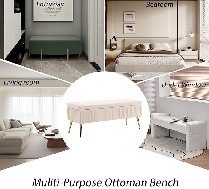 Velvet Storage Bench for Bedroom, Rectangle Upholstered End of Bed Bench Modern Tufted Ottoman with Gold Legs for Living Room/Window/Entryway (Ivory-45.5" W)