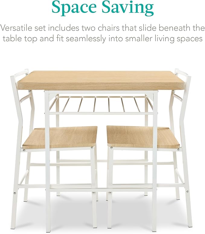 Best Choice Products 3-Piece Modern Dining Set, Space Saving Dinette for Kitchen, Dining Room, Small Space w/Steel Frame, Built-in Storage Rack - Natural/White