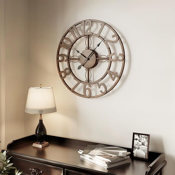 Cuspin Wall Clock, 16 Inch Bronze Metal Wall Clock Silent Non-Ticking Battery Operated, Large Round Retro Arabic Numerals Analog Decorative Clocks for Living Room Kitchen Mantel Office