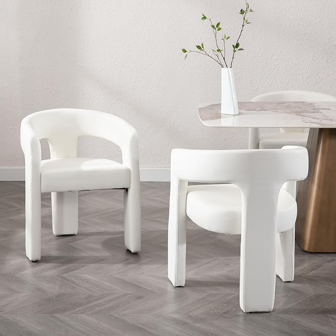 Modern PU Leather Upholstered Dining Chairs with Open-Back, Cute Barrel Side Chairs Kitchen Armchair Accent Chairs for Dining Room Bedroom, White