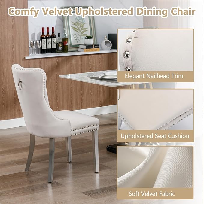 Goujxcy 5 Piece Glass Dining Table Set Modern Small Glass Dining Table Set for 4, 35.43" Square Kitchen Table and 4 Velvet Upholstered Chairs for Kitchen Dining Room, Silver & Beige