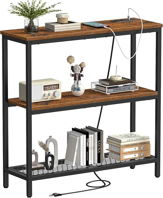 Snughome Console Table with Power Outlets, Entryway Table with Storage, Narrow Sofa Table with 3 Tier Shelves, 2 USB Ports, 2 Power Outlets, Hallway Table for Couch, Living Room, Entrance