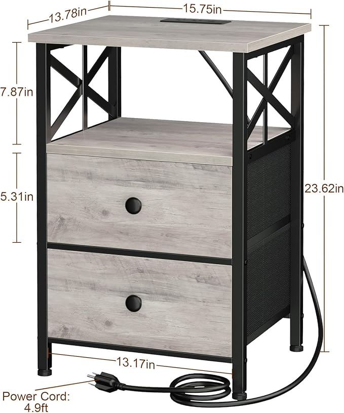 AMHANCIBLE Night Stand Set 2, Nightstand with Charging Station, End Tables Living Room with USB Ports and Outlets, Bedside Tables with Fabric Drawers for Bedroom, Greige HET05XGY