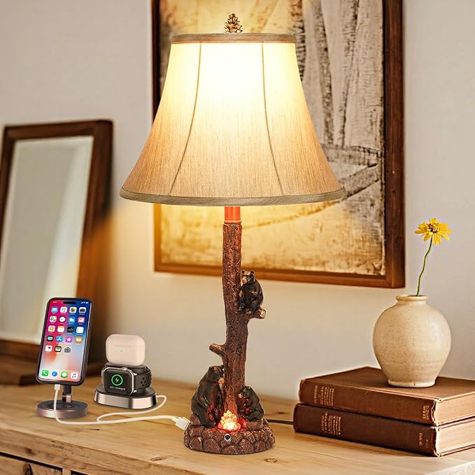 Classic Rustic Table Lamp with Three Black Bears Around Fire Pit - 25.59 Height, 3-Level Dimmable Campfire Light, USB/Type-C Powered, E26 Socket for Bedroom Living Room Decor