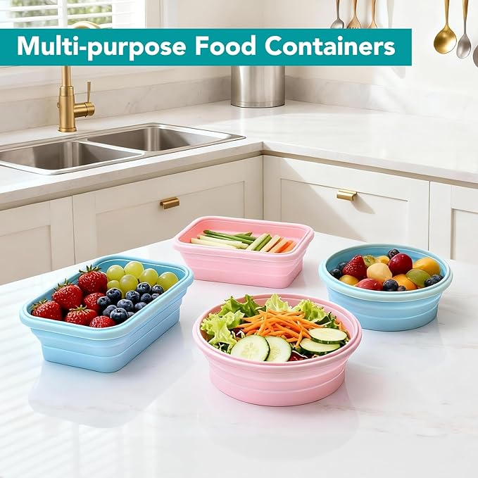 Collapsible Food Storage Containers Set, 4 Pack Round Silicone Collapsible Bowls with Lids, Silicone Lunch Container, Foldable Food Bowl for Kitchen & Camping Containers 4 Sizes