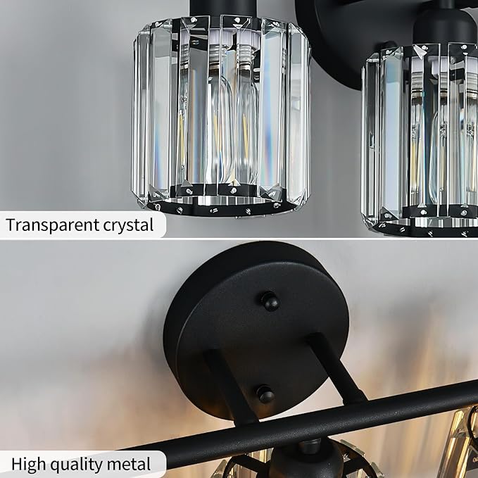 Modern 3 Light Crystal Vanity Light, Black Vertical Bathroom Light Fixture Over Mirror for Dressing Table Sink, Compatible with Dimmable Bulbs (Bulbs Not Included)