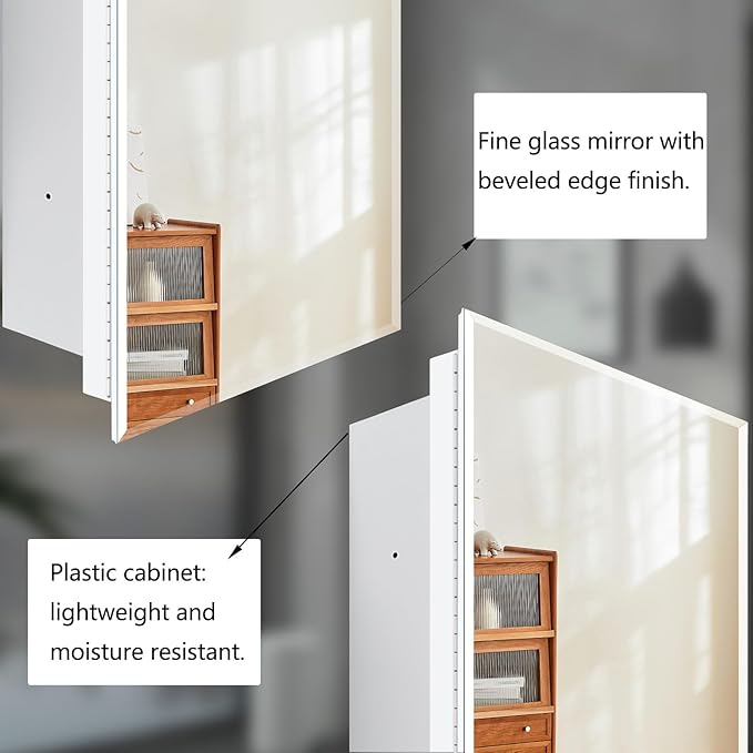 Medicine Cabinet with Mirror 16x26 inch, Recessed Medicine Cabinet or Surface Wall Mount Plastic Bathroom Cabinets with Removable Shelves, Beveled Edge Mirror Cabinet