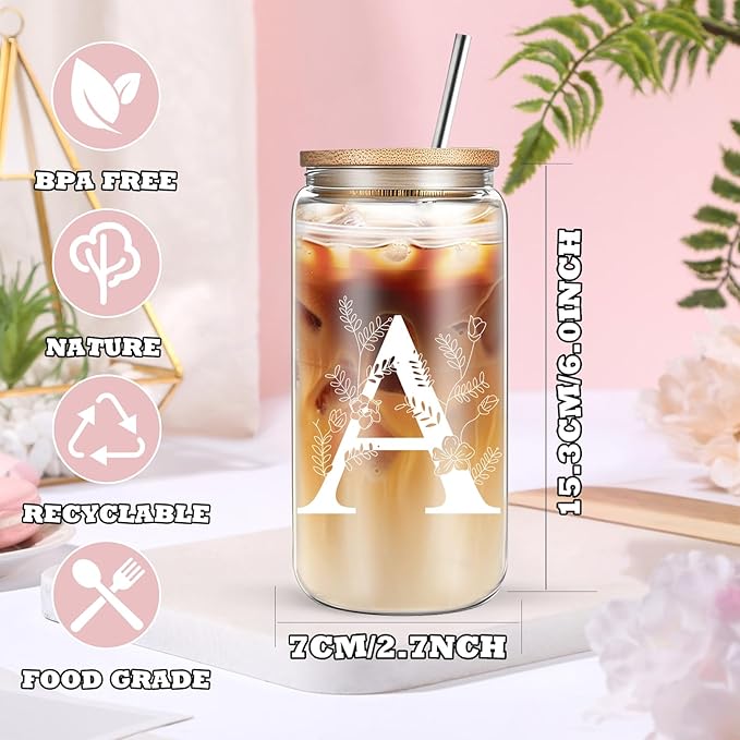 Unique Initial Glass Cup with Lids and Straws, Monogrammed Gifts Box Included Makeup Bag, Christmas Birthday Gifts for Women Mom Sister Grandma, A