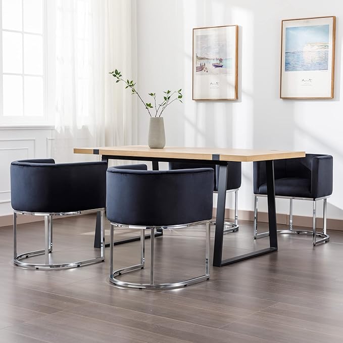 Velvet Dining Chairs Set of 2 Modern Barrel Arm Chairs with Chrome Metal Frame, Upholstered Kitchen Chairs 18.5" Wide Accent Chairs for Living Room Dining Room Restaurant, Black