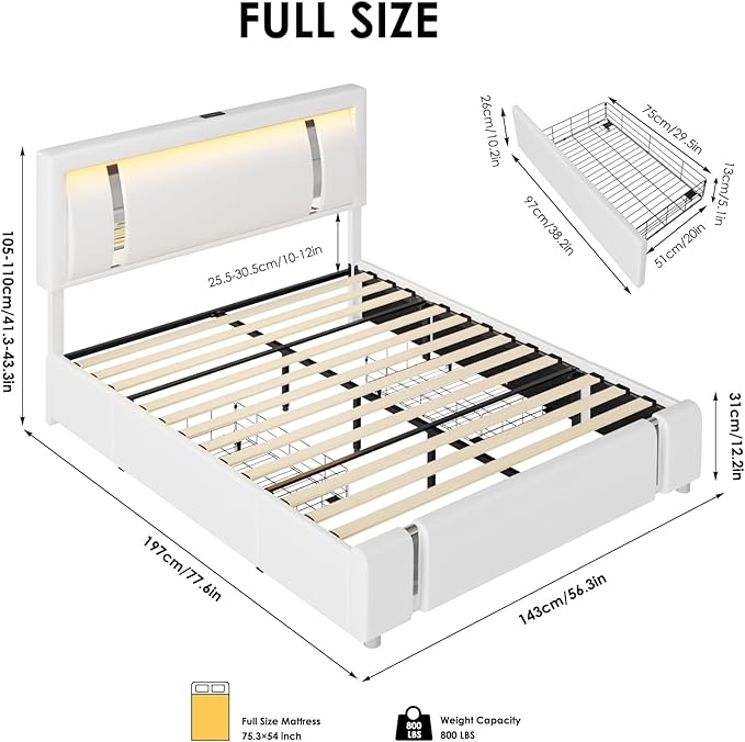 Full Size Bed Frame with RGB LED Lights Headboard & 2 Storage Drawers, Modern Upholstered Faux Leather Smart Platform Bed with Iron Metal Decor, USB & USB-C Charging Ports, No Box Spring Needed, White