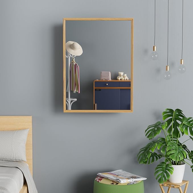 16x24 Inch Wood Medicine Cabinet with Mirror, Surface or Recessed Mounted Bathroom Cabinets with Adjustable Shelves, Soft-Close Hinges, Wall Mounted Cabinet for Storage, Oak-Grain