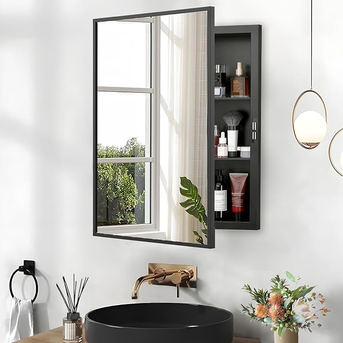 Recessed Medicine Cabinet with Mirror 16x24 inch, Mirrored Medicine Cabinets for Bathroom, Black Bathroom Mirror with Storage, Metal Medicine Cabinet with Mirror, 2 Adjustable Metal Shelves