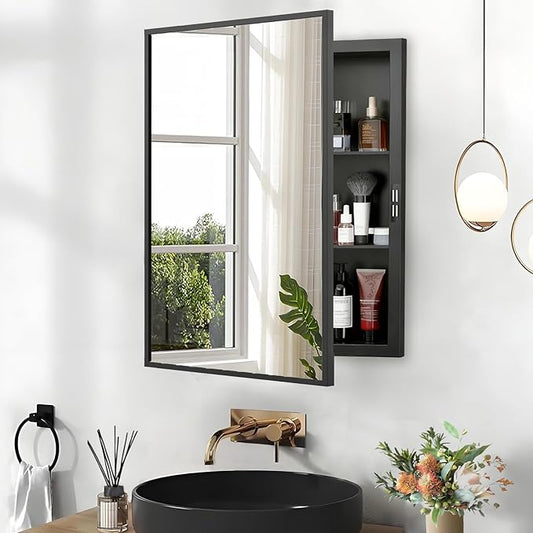 Recessed Medicine Cabinet with Mirror 16x24 inch, Mirrored Medicine Cabinets for Bathroom, Black Bathroom Mirror with Storage, Metal Medicine Cabinet with Mirror, 2 Adjustable Metal Shelves