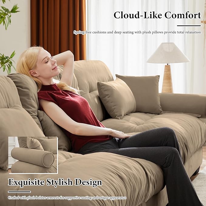 93.7" Loveseat Sofa, 2 Seater Modular Sectional Sofa, Camel Large L Shaped Sectional Couches for Living Room, Fluffy Couch, Love Seat, Velvet Cloud Couch with Ottoman, Deep Seat Sofas for Living Home