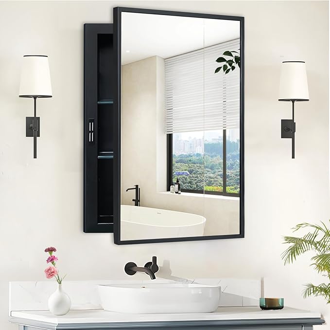 Recessed Medicine Cabinets with Mirror, Black Bathroom Mirror with Storage, Rectangle Medicine Cabinet Mirror, Metal Framed Wall Mirror Recessed or Surface Mount, 20x30 Inch