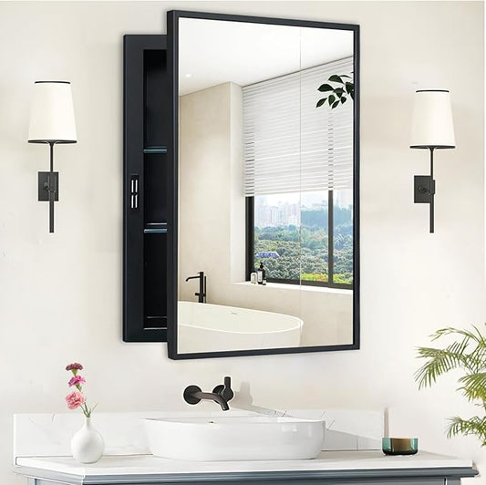 Recessed Medicine Cabinets with Mirror, Black Bathroom Mirror with Storage, Rectangle Medicine Cabinet Mirror, Metal Framed Wall Mirror Recessed or Surface Mount, 20x30 Inch