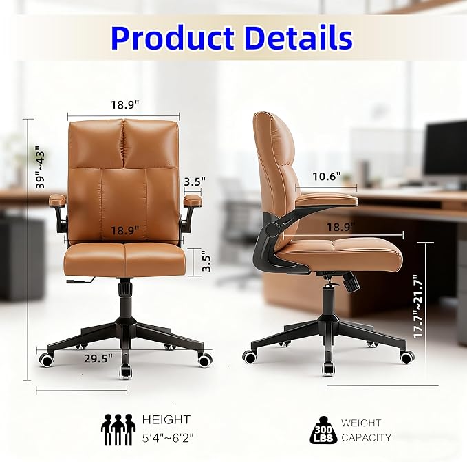 Computer Chair, Ergonomic Home Office Desk Chair with Space Saving Flip-Up Arms, 360° Swivel & Reclining Back, High-Back Executive Chair in Soft Faux Leather Chair Multi-Angle from 90° to 135°(Brown)