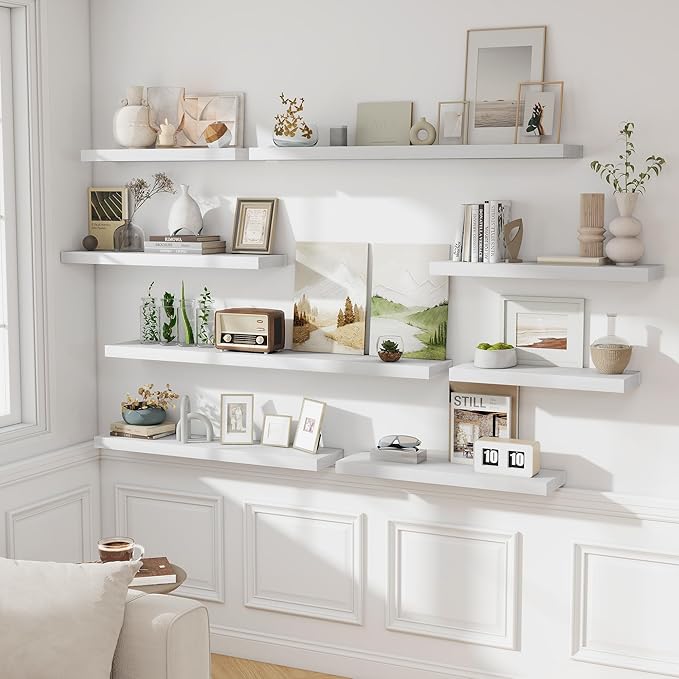 Fun Memories White Floating Shelves for Wall Set of 2, 28" White Floating Shelves for Home Decor, Rustic Wood Wall Mounted Shelf, Hanging Deep Shelf for Living Room, Bedroom, Bathroom, Kitchen