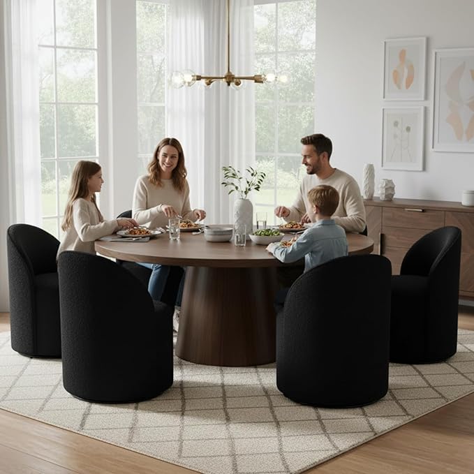Modern Barrel Dining Chairs Set of 4, Swivel Base Black Sherpa Accent Chair 360°Rotating Mid-Century Dining Side Chair Kitchen Chair for Living Room, Bedroom, Home, Office, Kitchen
