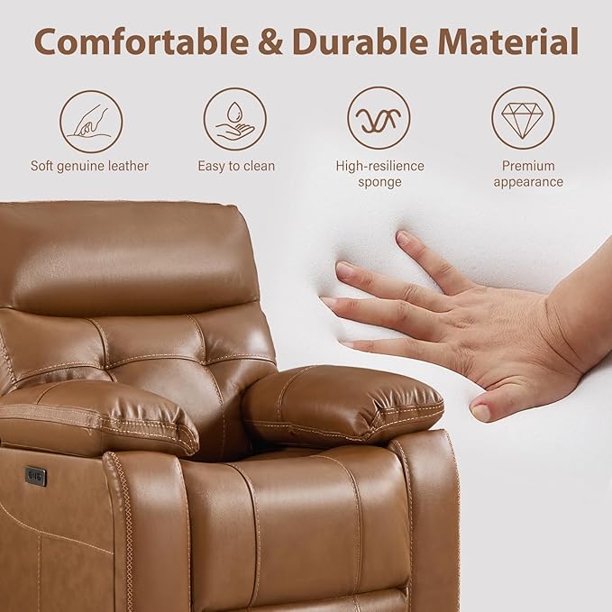 CANMOV Genuine Leather Power Recliner Sofa Set, Power Recliner Chair and Loveseat Set, 2 Pieces Leather Couch with Storage Console, USB Ports, Cup Holders for Living Room,Brown