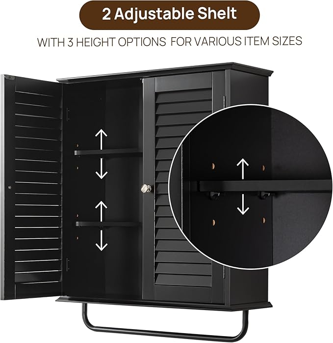 Bathroom Storage Cabinet with Adjustable Wood Shelves & Doors, Made of PDF Wood, Medicine Cabinet, Over The Toilet Storage Cabinet for Kitchen & Laundry Room Medicine Cabinet Black