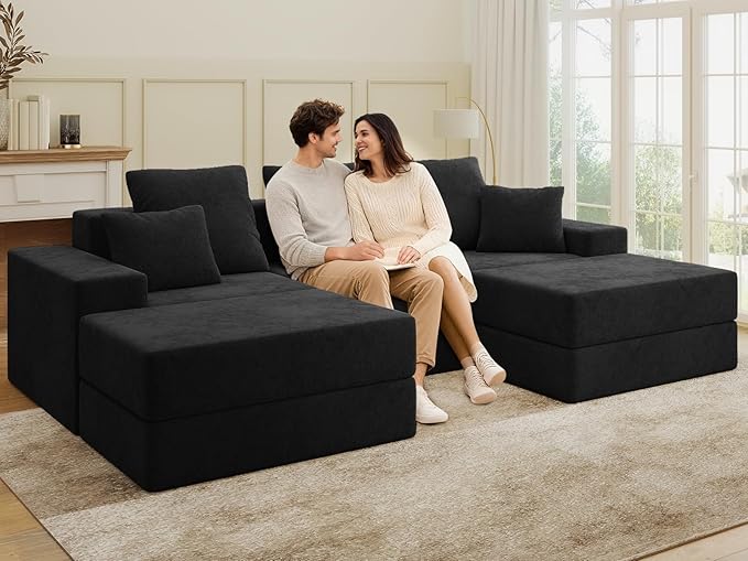 Living&Giving 101" U-Shaped Cloud Sectional Couch for Living Room, Cloud Boneless Couch-No Assembly with Reversible Chaise, Customizable 3-Seat Modular Sectional Sofa with 2 Ottoman, Black