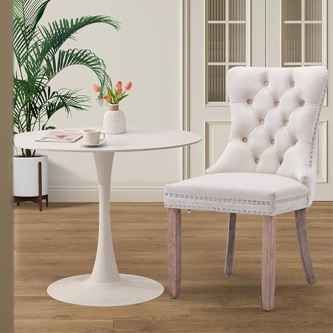 SoarFlash Kitchen Table and Chairs for 2, 31.5" Dining Table Set for 2 with Velvet Upholstered Chairs, 3 Piece Round Kitchen Table Set, Dining Room Table Set for Small Space, Apartment, Beige/White