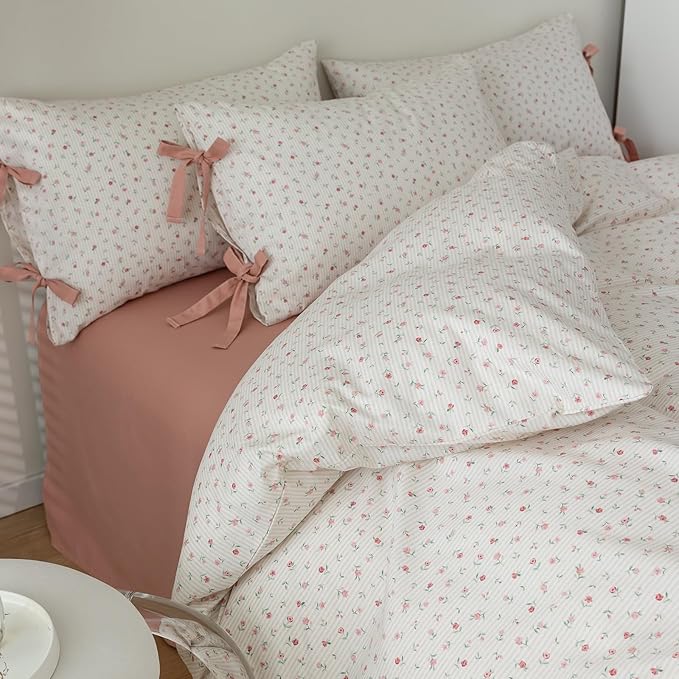Cotton Floral Duvet Cover Full Size Pink Rose Flower Comforter Cover Chic Floral Stripes Bedding Set Girls Women Cottagecore Duvet Cover with 2 Bowknot Pillowcases Vintage Flower Bedding Set Full