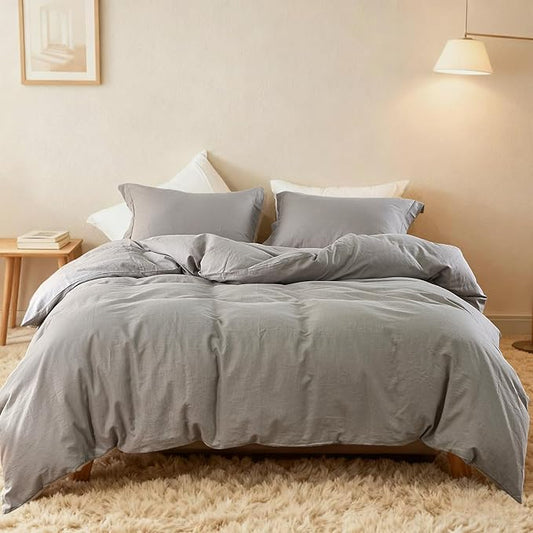 Simple&Opulence French Linen Duvet Cover Set 88" x 92"- 3 Pieces (1 Comforter Cover,2 Pillowcases)- Natural Flax Cotton Blend-Solid Color Breathable Farmhouse Bedding-Grey, Queen