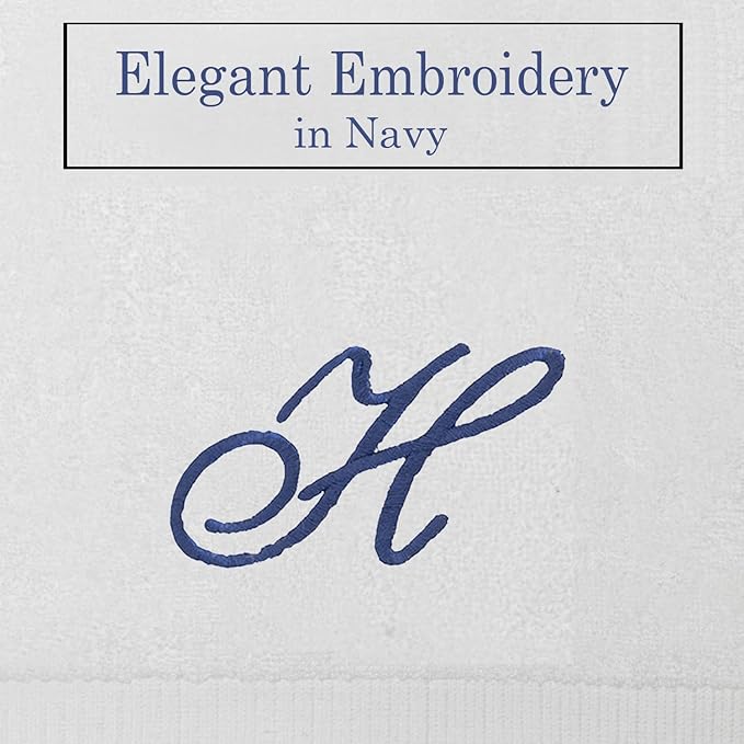 White Monogrammed Hand Towels for Bathroom - Luxury Hotel Quality Personalized Initial Embroidered Towel for Powder Room, Spa - GOTS Organic Certified - Pack of 2 Navy, Letter H
