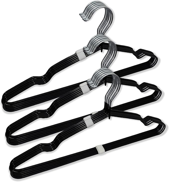 ‌Stainless Steel Heavy Duty Hangers - Non-Slip Rubber Coated, Space Saving Ultra Thin Design for Coats, Pants & Dresses (24 Pack, Black)