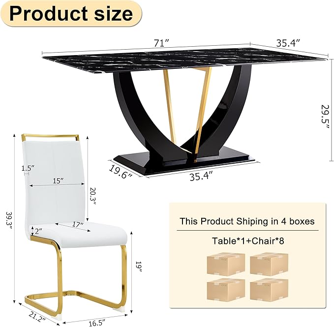 71" Dining Table Set for 6, Black Faux Marble Dining Room Table Set for 6, Large Rectangular Kitchen Table Set and PU Leather Chairs,Tempered Glass Glossy Table with Golden Leg