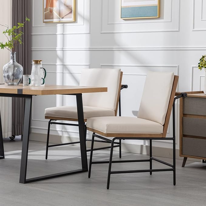 HEAH-YO Modern Dining Chairs Set of 4, PU Leather Upholstered Dining Chairs with Backrests, Armless Dining Room Chairs for Kitchen, Beige