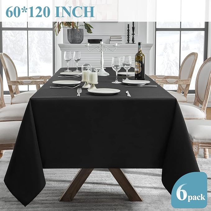VidaFete Tablecloth 60 * 120inch 6pack Rectangle Table Cloth Polyester, Stain Wrinkle Resistant Dining Table Cover for Kitchen Dinning Party Wedding Rectangular Tabletop Buffet Decoration(Black)