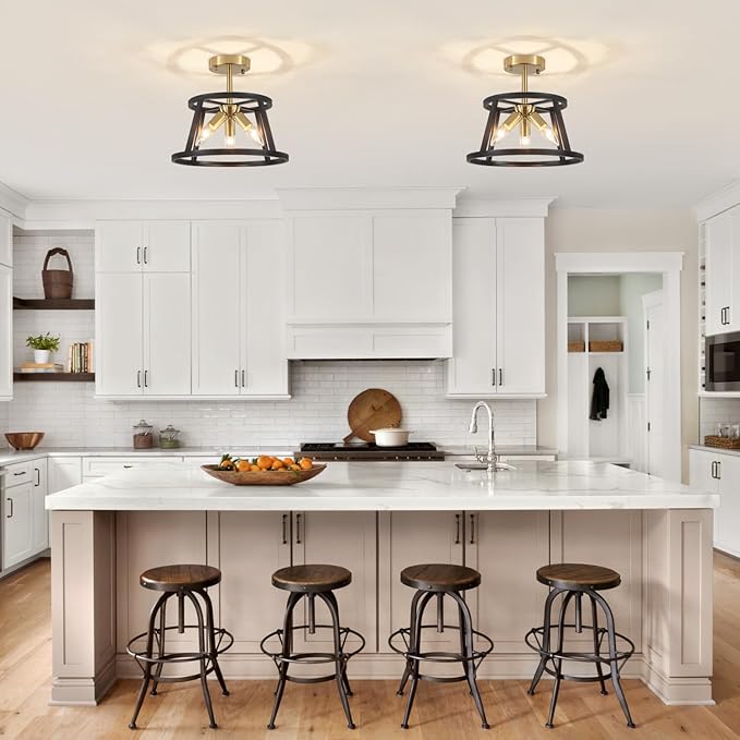 Modern Black and Brushed Gold Semi Flush Mount Ceiling Light, 3 Lights Industrial Close to Ceiling Light Fixtures, 12.59" Ceiling Lamp for Hallway Entry Laundry Bedroom Kitchen Lighting, UL Listed