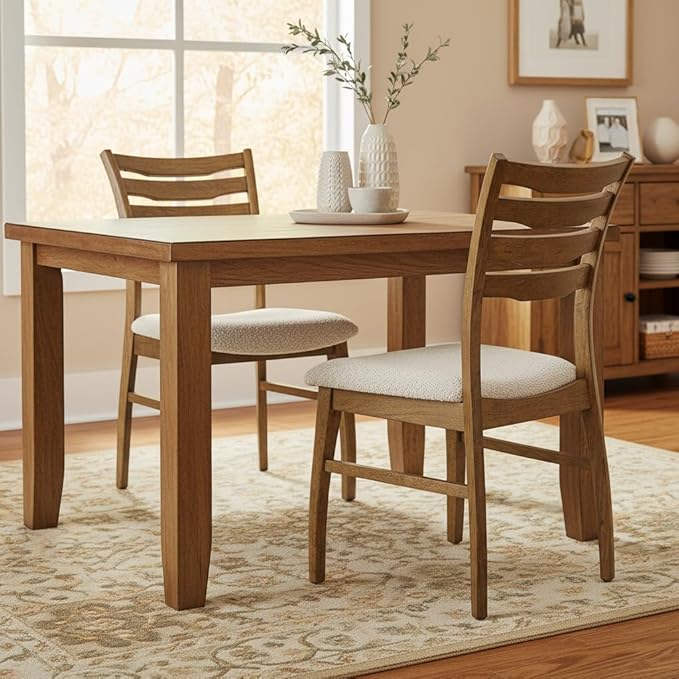 DUOMAY Farmhouse Dining Chairs Set of 2, Fur Beige Upholstered Side Chairs Solid Wood Ladder Back Kitchen Chairs for Home Dining Room, Browm Frame
