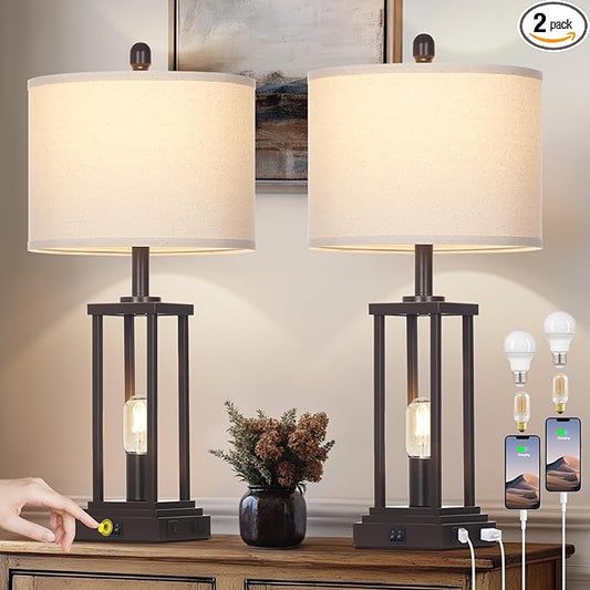 27" Tall Farmhouse Table Lamps Set of 2, Brown Industrial End Table Lamp for Living Room with Night Light, Rustic Bedside Lamps with USB C+A Ports & AC Outlet, Vintage Bedroom Lamp for Nightstand