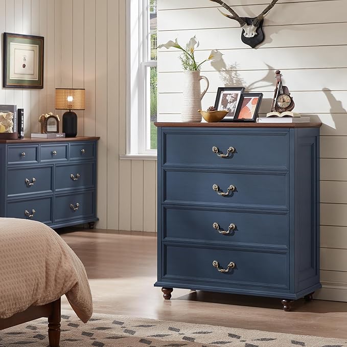24" Wide Farmhouse Nightstand Set of 2, 37" Tall Rustic Chests of Drawers w/ 4 Solid Wood Feet, Farmhouse Furniture Series for Living Room,Bedroom,DarkBlue